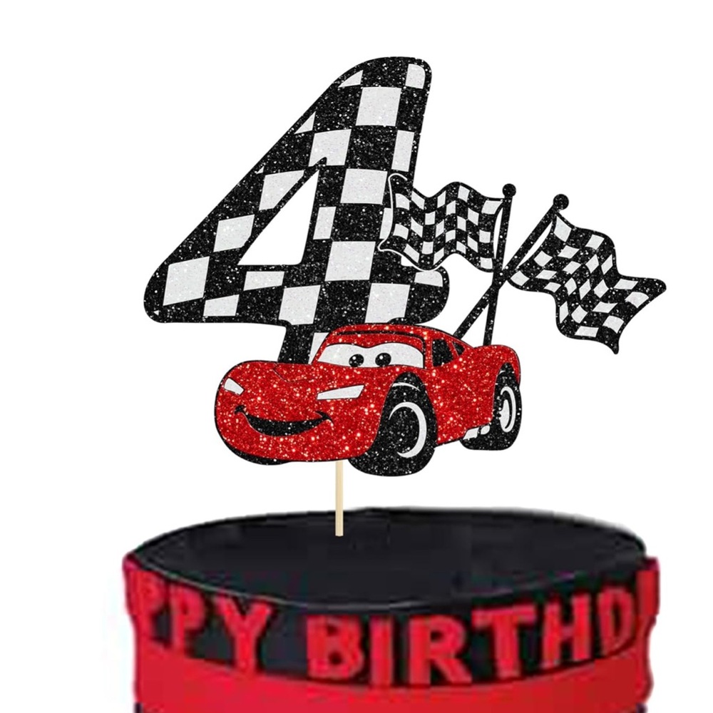 Amazon Red Race Car Cake Topper with Checkered Flags